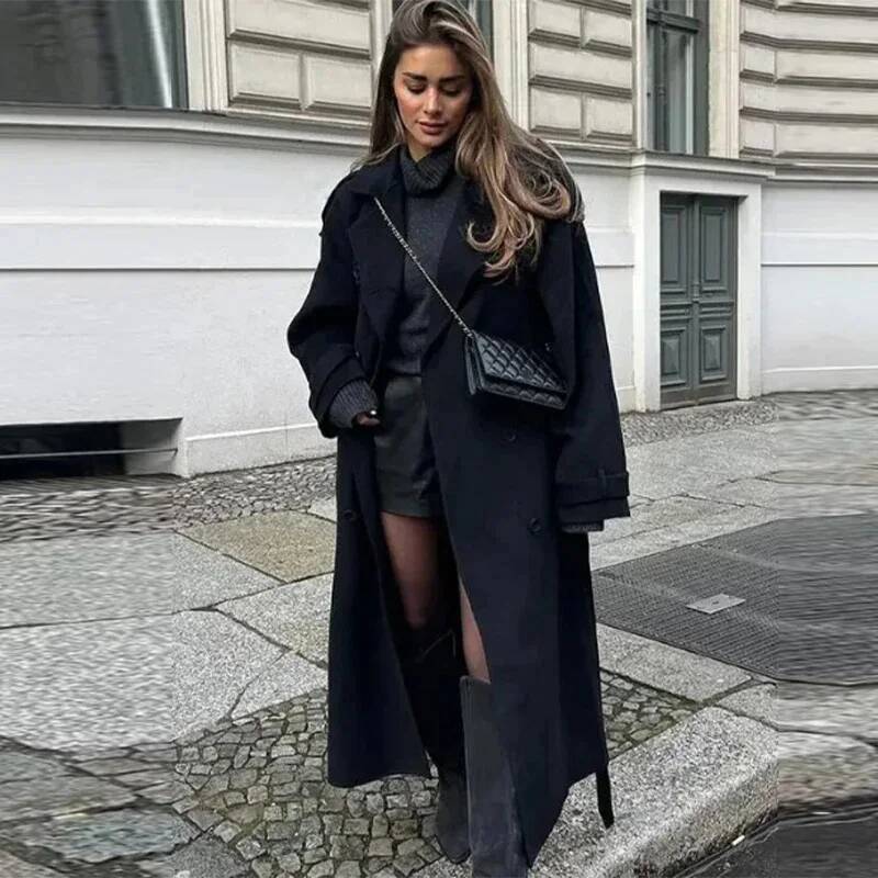 Elegant Grey Belt Long Faux Wo - Wool Coat Peacoat 리뷰 및 가격