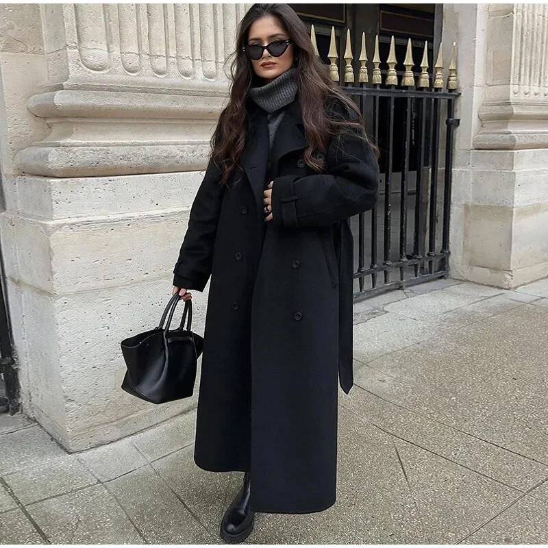 Elegant Grey Belt Long Faux Wo - Wool Coat Peacoat 리뷰 및 가격